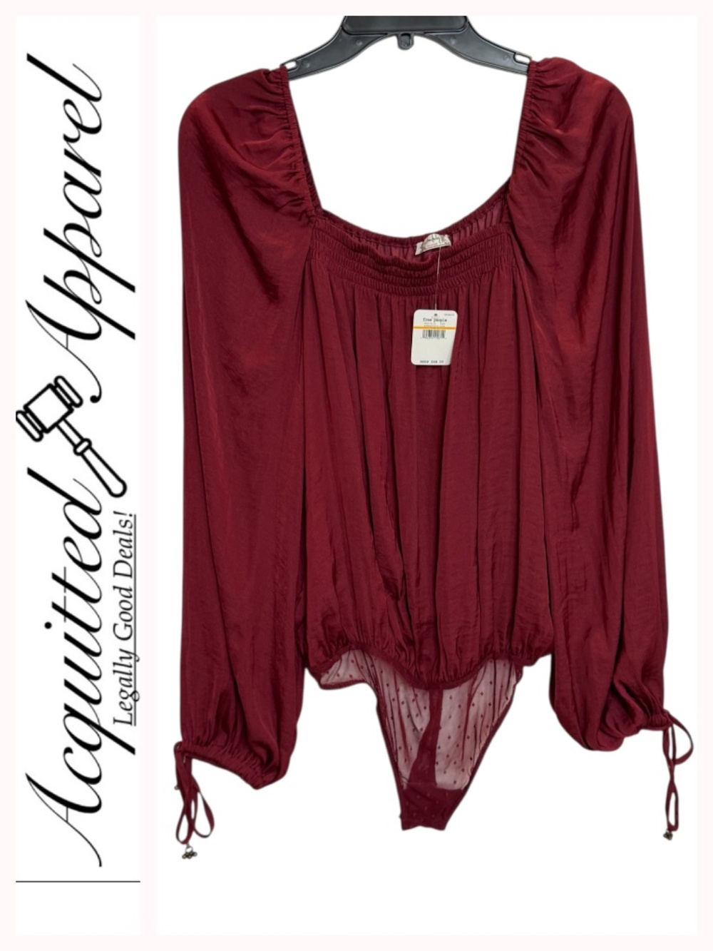 Free People Burgundy Long-Sleeve Sheer-Panel Thong Style Bodysuit Blouse